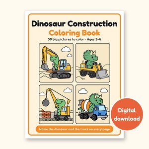 Dinosaur Coloring Pages | 50 Construction Pictures for Ages 3-6 (Digital PDF): cover of the printable PDF, a digital download