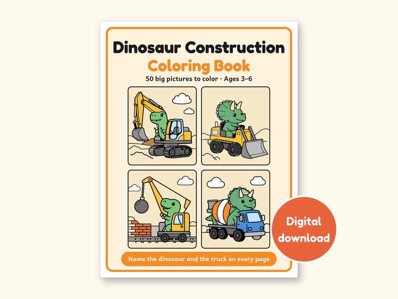 Dinosaur Coloring Pages | 50 Construction Pictures for Ages 3-6 (Digital PDF): cover of the printable PDF, a digital download