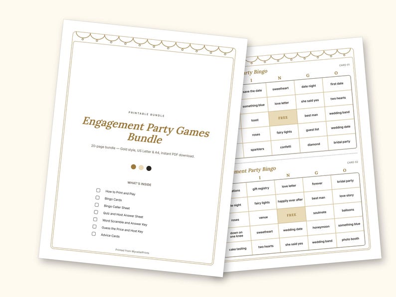 Engagement Party Games | Couple Quiz Bingo Cards for Hosts (Digital PDF): cover and an inside page