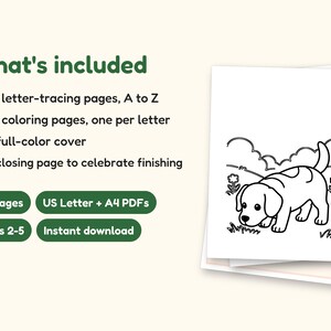 Dog Coloring Pages | ABC Letter Tracing for Kids Ages 2-5 (Digital PDF): what's included -- 55 pages, US Letter + A4 PDFs, Ages 2-5, Instant download
