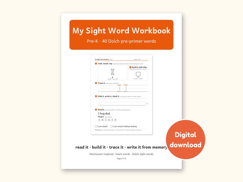 Sight Word Worksheets | Pre-K Dolch Workbook for Ages 4-5 (Digital PDF): cover of the printable PDF, a digital download