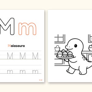 Dinosaur Party ABC Coloring Book | Letter Tracing for Toddlers (Digital PDF): pages 27 and 28 side by side