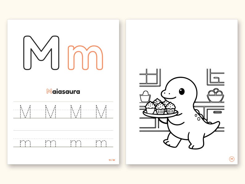 Dinosaur Party ABC Coloring Book | Letter Tracing for Toddlers (Digital PDF): pages 27 and 28 side by side