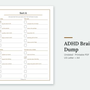 The Sort it page of the ADHD Brain Dump, filled in with sample entries.