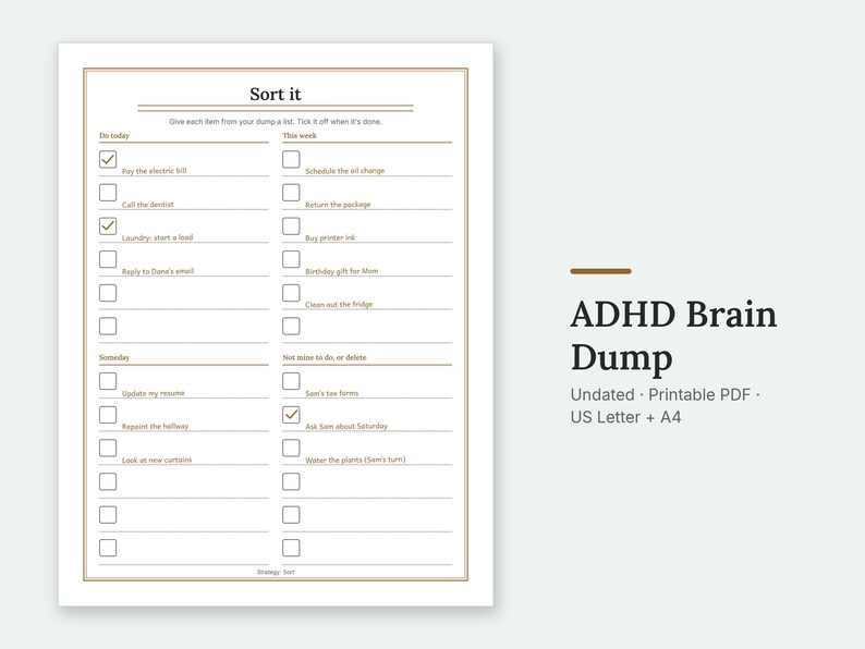 The Sort it page of the ADHD Brain Dump, filled in with sample entries.