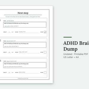 The Next step page of the ADHD Brain Dump, filled in with sample entries.