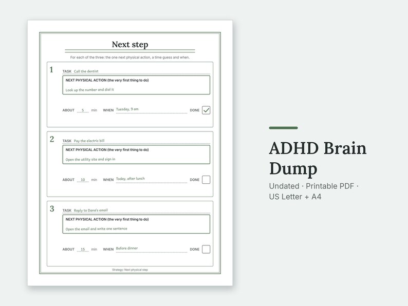 The Next step page of the ADHD Brain Dump, filled in with sample entries.