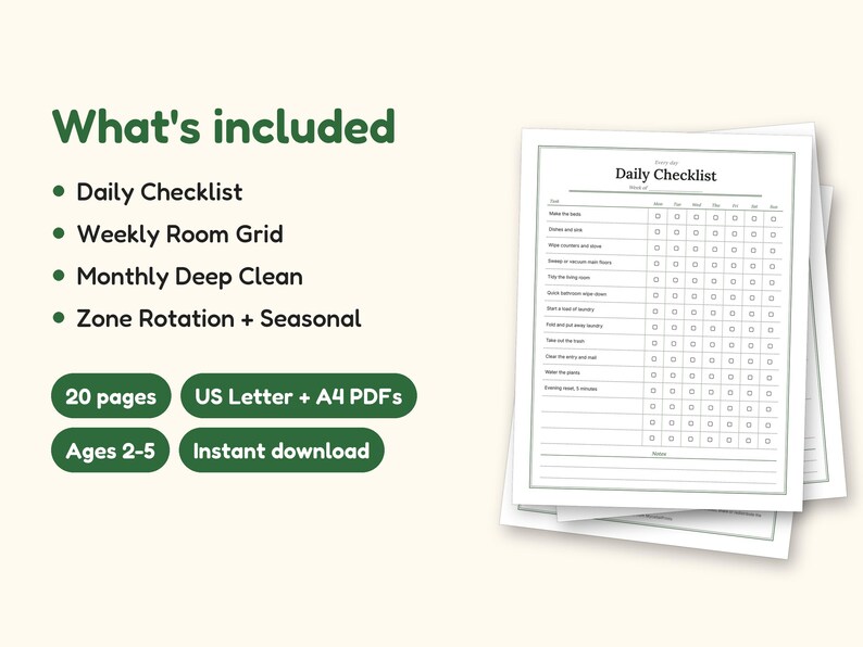 Cleaning Schedule | Daily Checklist and Weekly Room Grid (PDF + Excel): what's included -- 20 pages, US Letter + A4 PDFs, Ages 2-5, Instant download