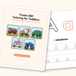 Truck Coloring Pages | ABC Letter Tracing for Kids Ages 2-4 (Digital PDF): cover and an inside page