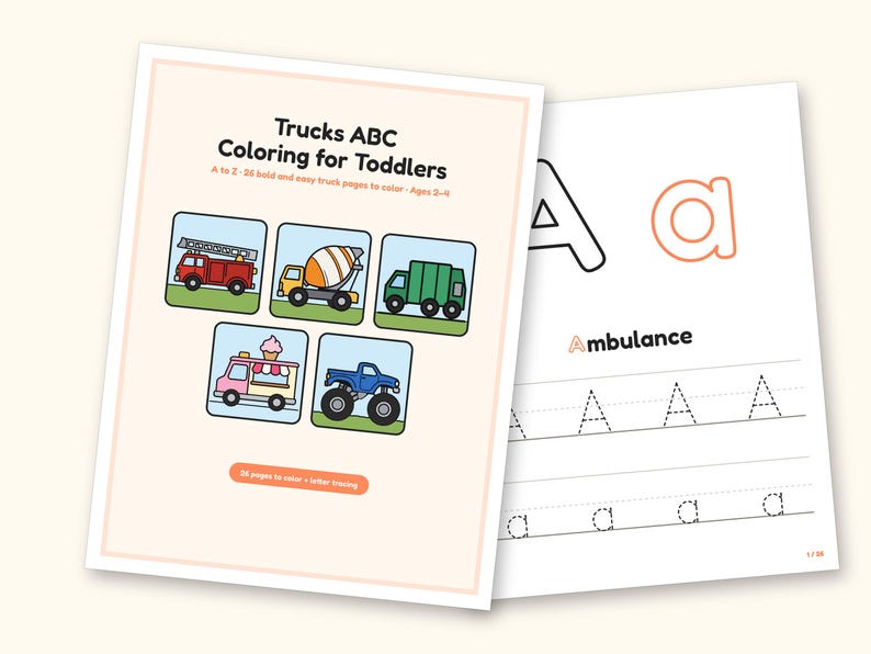 Truck Coloring Pages | ABC Letter Tracing for Kids Ages 2-4 (Digital PDF): cover and an inside page