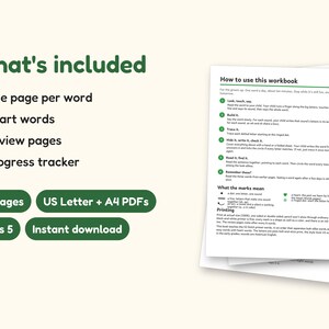 Sight Word Worksheets | Kindergarten Dolch Workbook for Ages 5-6 (Digital PDF): what's included -- 69 pages, US Letter + A4 PDFs, Ages 5, Instant download