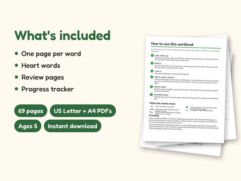 Sight Word Worksheets | Kindergarten Dolch Workbook for Ages 5-6 (Digital PDF): what's included -- 69 pages, US Letter + A4 PDFs, Ages 5, Instant download