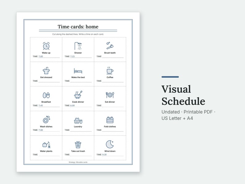 The Time cards: home page of the Visual Schedule, filled in with sample entries.