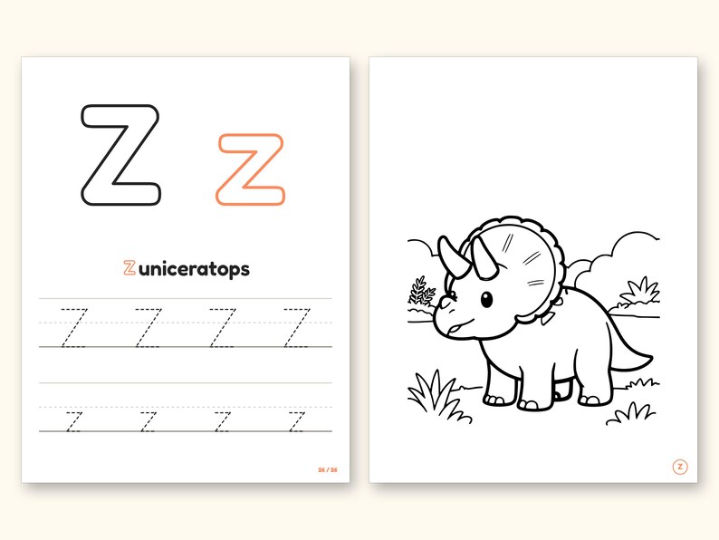 Dinosaur ABC Coloring Book, Letter Tracing, Ages 2-5 (Digital PDF): pages 53 and 54 side by side