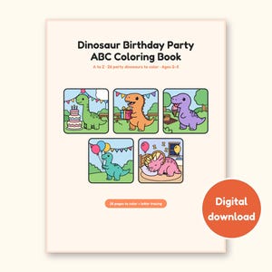 Dinosaur Party ABC Coloring Book | Letter Tracing for Toddlers (Digital PDF): cover of the printable PDF, a digital download