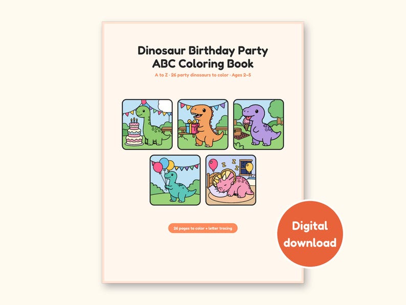 Dinosaur Party ABC Coloring Book | Letter Tracing for Toddlers (Digital PDF): cover of the printable PDF, a digital download