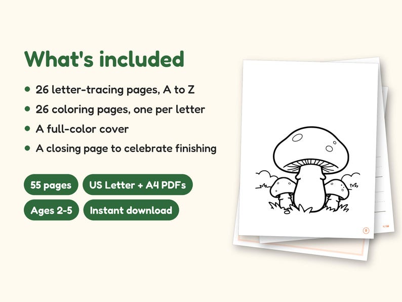 Mushroom Coloring Pages | ABC Letter Tracing for Kids Ages 2-5 (Digital PDF): what's included -- 55 pages, US Letter + A4 PDFs, Ages 2-5, Instant download