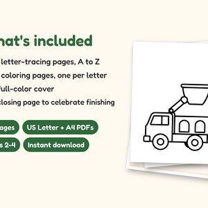 Truck Coloring Pages | ABC Letter Tracing for Kids Ages 2-4 (Digital PDF): what's included -- 55 pages, US Letter + A4 PDFs, Ages 2-4, Instant download