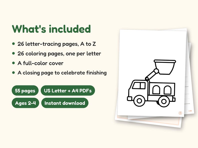 Truck Coloring Pages | ABC Letter Tracing for Kids Ages 2-4 (Digital PDF): what's included -- 55 pages, US Letter + A4 PDFs, Ages 2-4, Instant download