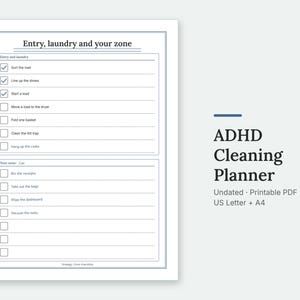The Entry, laundry and your zone page of the ADHD Cleaning Planner, filled in with sample entries.