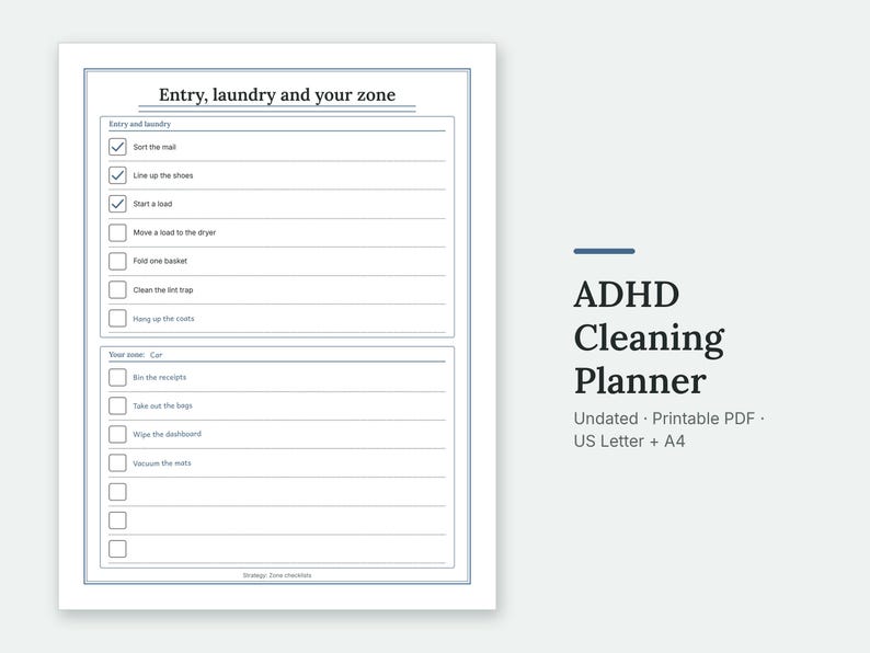 The Entry, laundry and your zone page of the ADHD Cleaning Planner, filled in with sample entries.