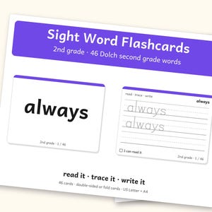 Sight Words | 2nd Grade Dolch Flashcards for Ages 7-8 (Digital PDF): cover and an inside page
