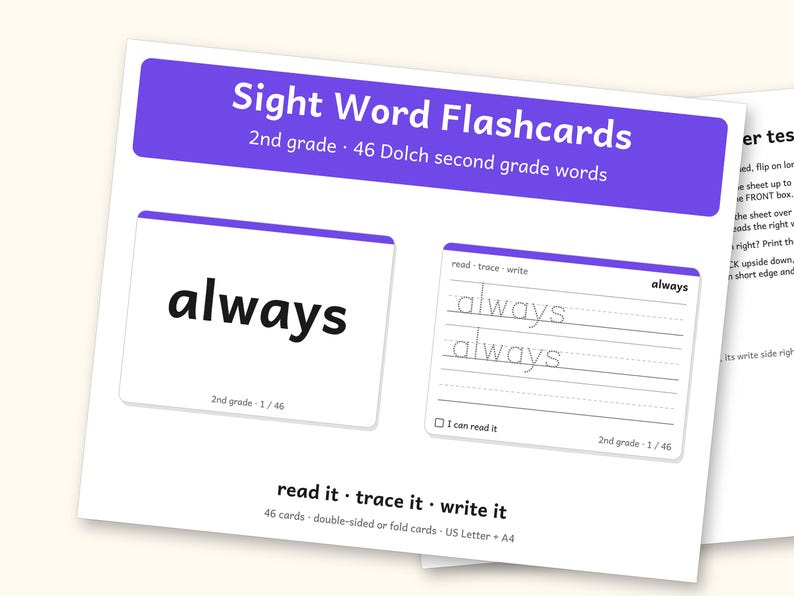 Sight Words | 2nd Grade Dolch Flashcards for Ages 7-8 (Digital PDF): cover and an inside page