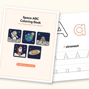 Space Coloring Pages | ABC Letter Tracing for Kids Ages 2-5 (Digital PDF): cover and an inside page