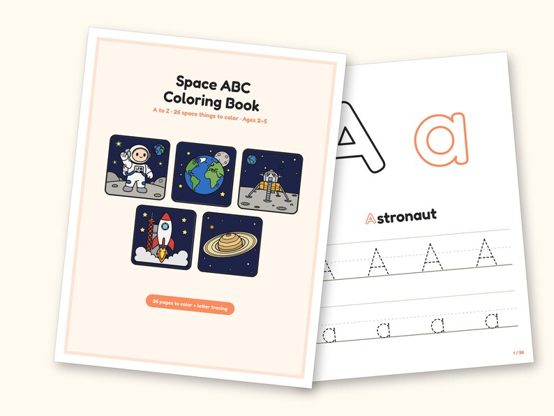 Space Coloring Pages | ABC Letter Tracing for Kids Ages 2-5 (Digital PDF): cover and an inside page