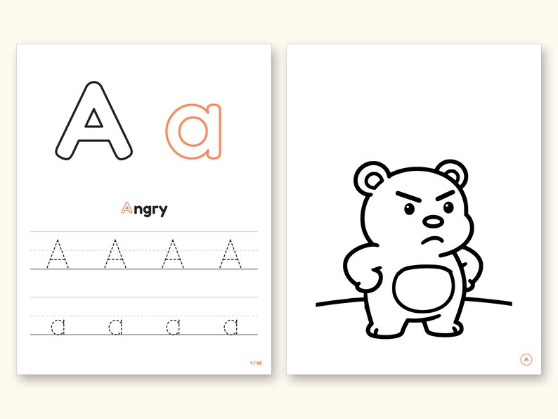 Alphabet Coloring Pages | Big Feelings Letter Tracing for Toddlers (Digital PDF): pages 3 and 4 side by side