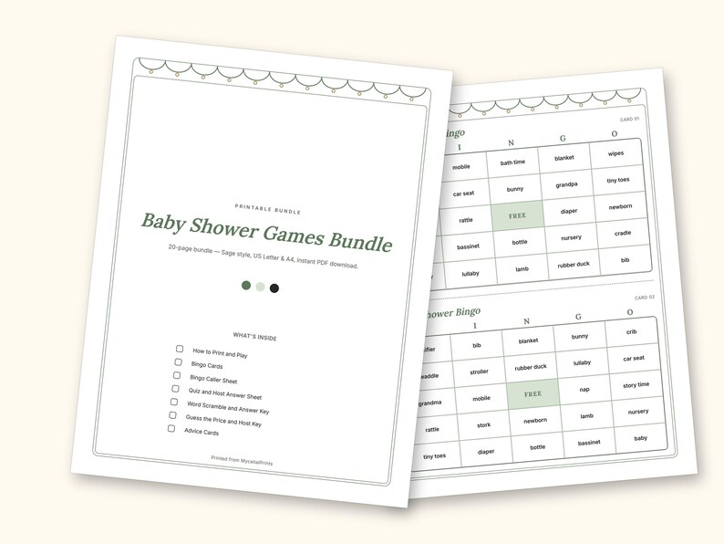 Baby Shower Games | Bingo Cards for Hosts (Digital PDF): cover and an inside page