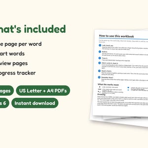 Sight Word Worksheets | 1st Grade Dolch Workbook for Ages 6-7 (Digital PDF): what's included -- 56 pages, US Letter + A4 PDFs, Ages 6, Instant download