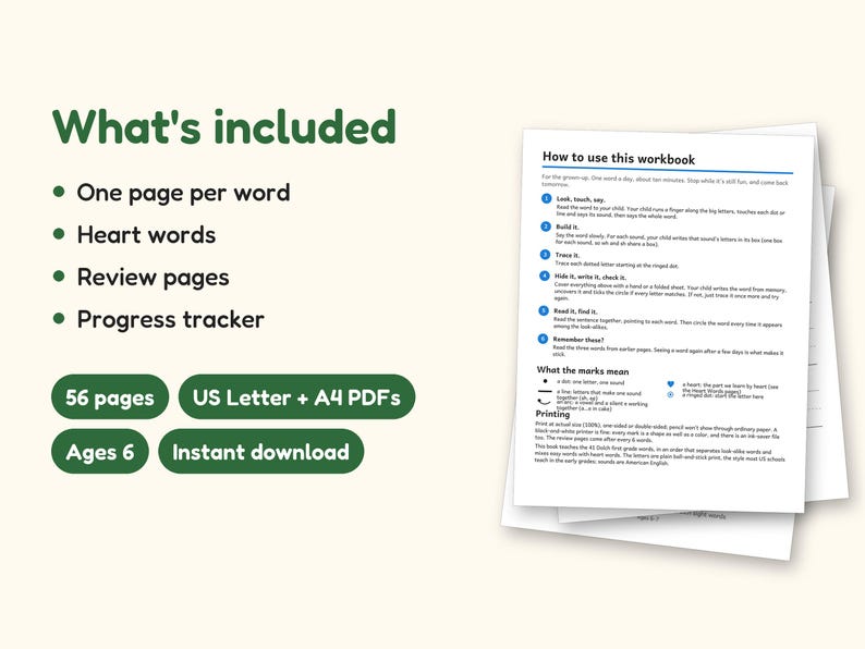 Sight Word Worksheets | 1st Grade Dolch Workbook for Ages 6-7 (Digital PDF): what's included -- 56 pages, US Letter + A4 PDFs, Ages 6, Instant download