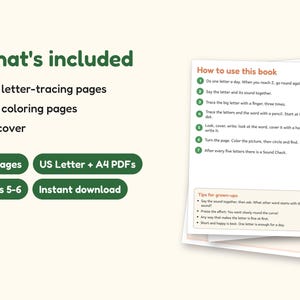 Animal Coloring Pages | ABC Letter Tracing for Kids Ages 5-6 (Digital PDF): what's included -- 64 pages, US Letter + A4 PDFs, Ages 5-6, Instant download