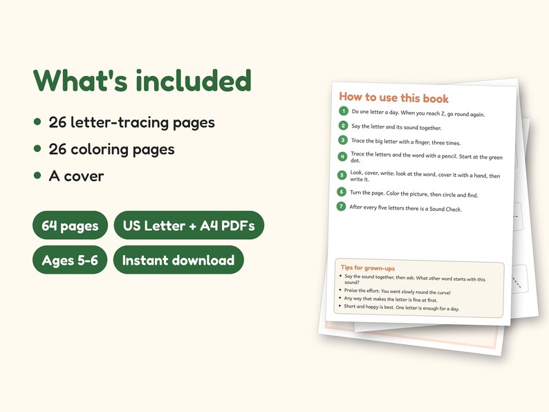 Animal Coloring Pages | ABC Letter Tracing for Kids Ages 5-6 (Digital PDF): what's included -- 64 pages, US Letter + A4 PDFs, Ages 5-6, Instant download