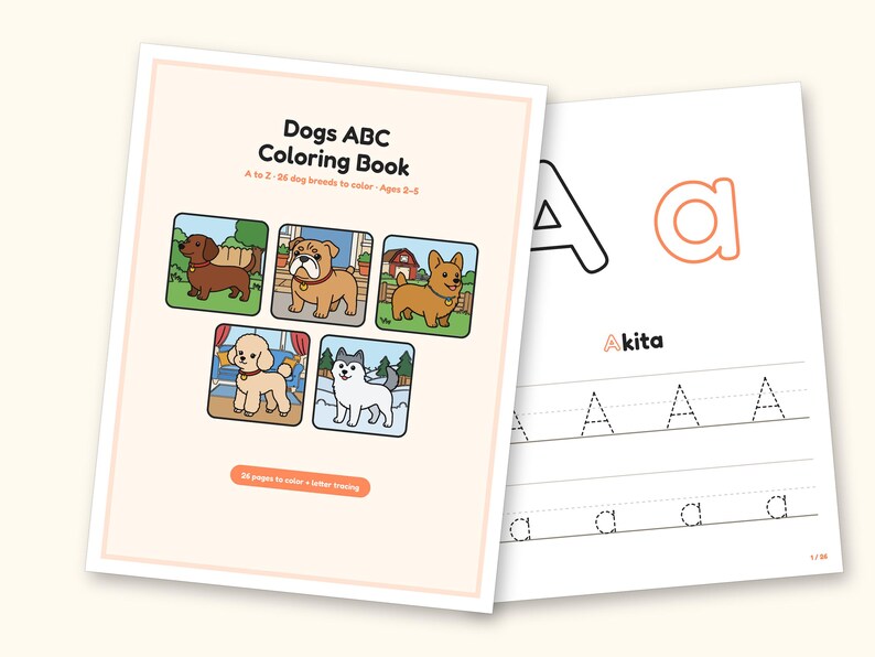 Dog Coloring Pages | ABC Letter Tracing for Kids Ages 2-5 (Digital PDF): cover and an inside page