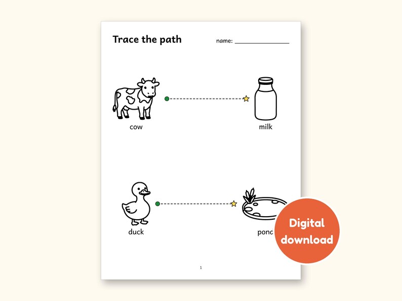Tracing Worksheets | Farm Animals Pre-Writing Paths for Preschool (Digital PDF): cover of the printable PDF, a digital download