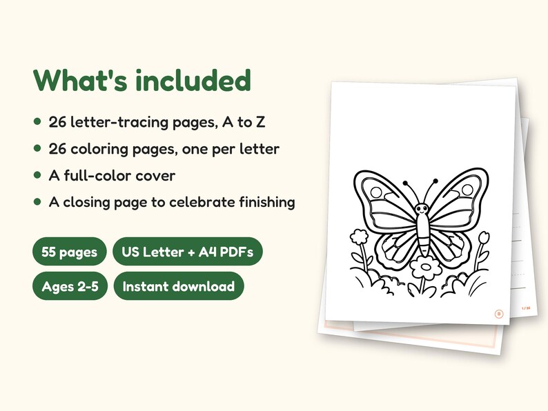 Nature Coloring Pages | ABC Letter Tracing for Kids Ages 2-5 (Digital PDF): what's included -- 55 pages, US Letter + A4 PDFs, Ages 2-5, Instant download