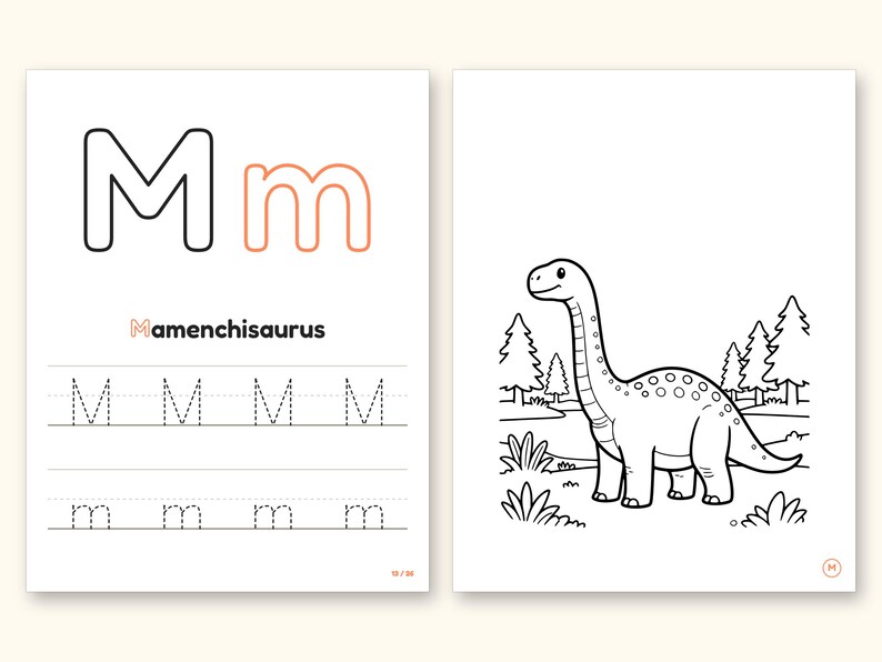 Dinosaur Coloring Pages | Detailed Scenes ABC Tracing for Ages 4-8 (Digital PDF): pages 27 and 28 side by side