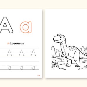 Dinosaur Coloring Pages | Detailed Scenes ABC Tracing for Ages 4-8 (Digital PDF): pages 3 and 4 side by side