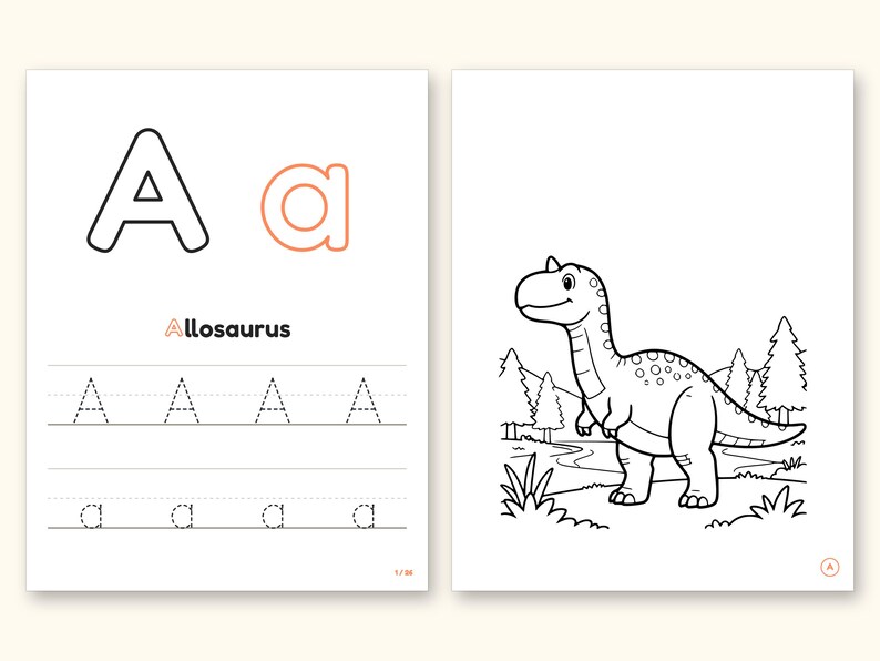 Dinosaur Coloring Pages | Detailed Scenes ABC Tracing for Ages 4-8 (Digital PDF): pages 3 and 4 side by side