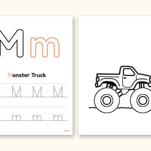 Truck Coloring Pages | ABC Letter Tracing for Kids Ages 2-4 (Digital PDF): pages 27 and 28 side by side