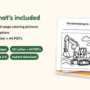 Dinosaur Coloring Pages | 50 Construction Pictures for Ages 3-6 (Digital PDF): what's included -- 53 pages, US Letter + A4 PDFs, Ages 3-6, Instant download