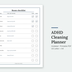 The Room checklist page of the ADHD Cleaning Planner, filled in with sample entries.