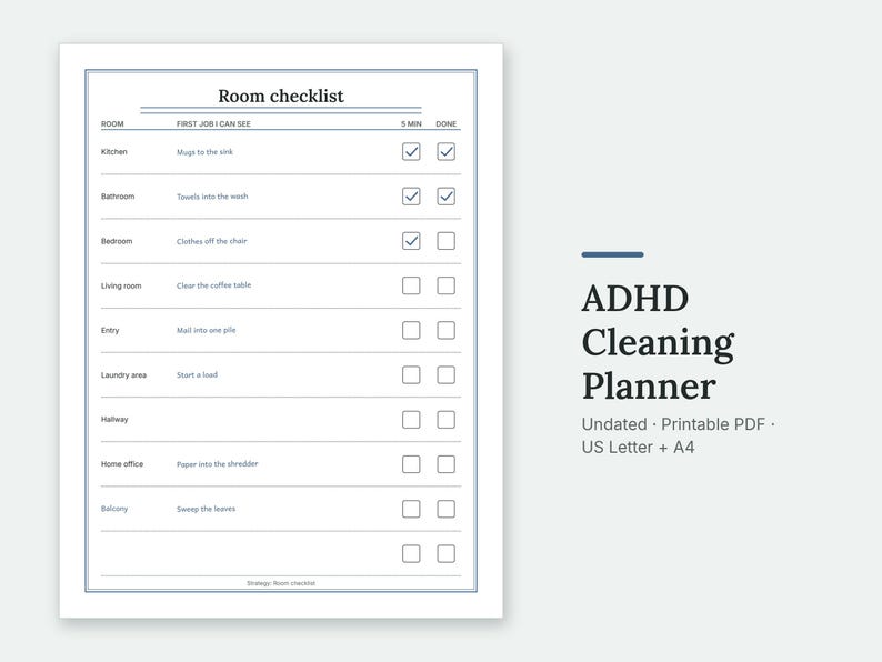 The Room checklist page of the ADHD Cleaning Planner, filled in with sample entries.