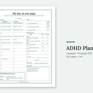 The My day on one page page of the ADHD Planner, filled in with sample entries.