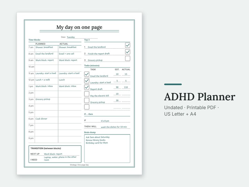 The My day on one page page of the ADHD Planner, filled in with sample entries.