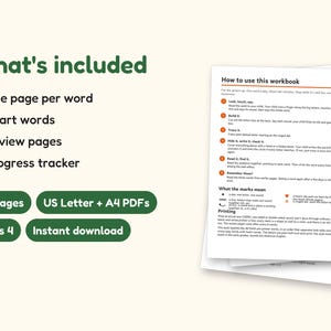 Sight Word Worksheets | Pre-K Dolch Workbook for Ages 4-5 (Digital PDF): what's included -- 58 pages, US Letter + A4 PDFs, Ages 4, Instant download
