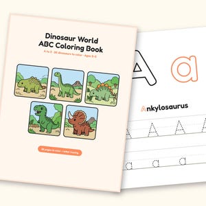 Dinosaur ABC Coloring Book, Letter Tracing, Ages 2-5 (Digital PDF): cover and an inside page