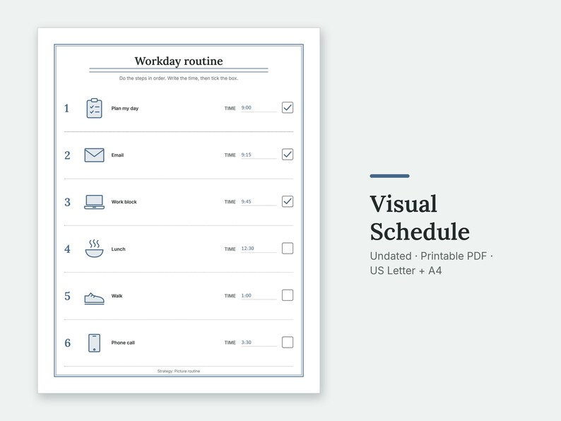 The Workday routine page of the Visual Schedule, filled in with sample entries.